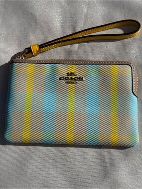 Coach Corner Zip Wristlet Blue Yellow Stripe Print Coated Canvas NWT Authentic